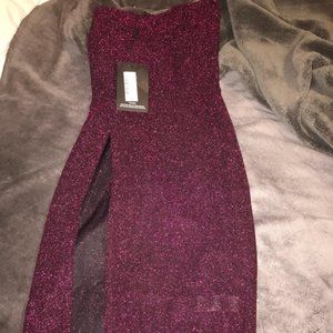 Fuchsia Glitter Bandeau Extreme Split Midi Dress